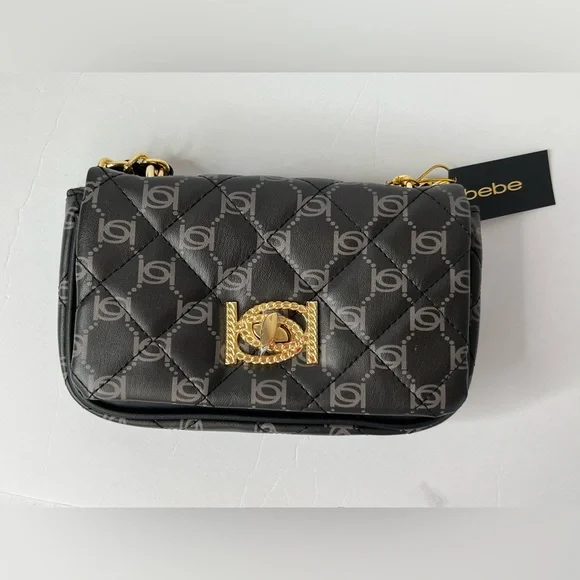 BEBE LIV MONOGRAM CROSSBODY BLACK DOVE GREY LOGO PURSE SHOULDERBAG NEW WITH TAG - Picture 2 of 11